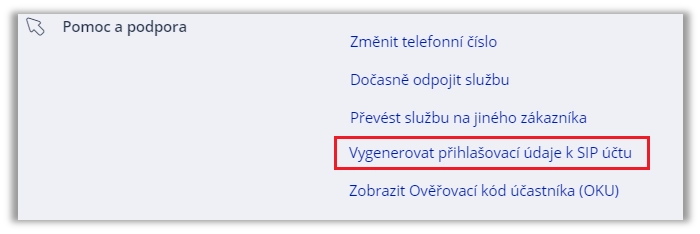 Ukázka kde najít "Vygenerovat přihlašovací údaje k SIP účtu"