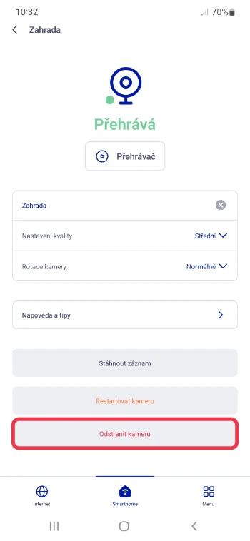 Detail kamery Zahrada v aplikaci O₂ Chytrá domácnost s nastavením kvality, rotace a vyznačenou možností odstranit kameru