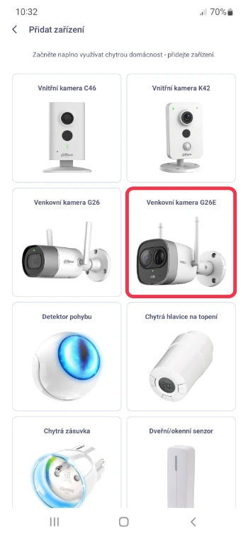 Výběr zařízení v aplikaci O2 Chytrá domácnost se zvýrazněnou venkovní kamerou G26E