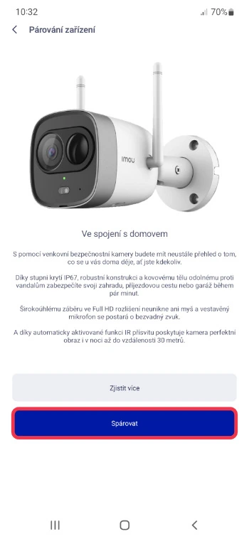 Obrazovka párování venkovní kamery v aplikaci O2 Chytrá domácnost s tlačítkem Spárovat