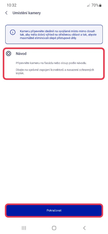 Návod k umístění kamery v aplikaci O2 Chytrá domácnost s doporučením správné instalace a tlačítkem Pokračovat
