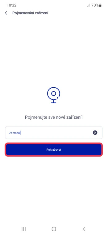 Pojmenování nového zařízení v aplikaci O2 Chytrá domácnost se zadaným názvem kamery a tlačítkem Pokračovat.