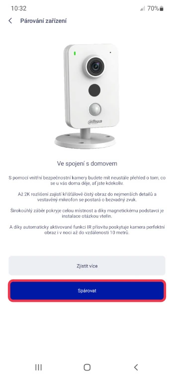 Obrazovka párování vnitřní kamery v aplikaci O2 Chytrá domácnost s tlačítkem Spárovat