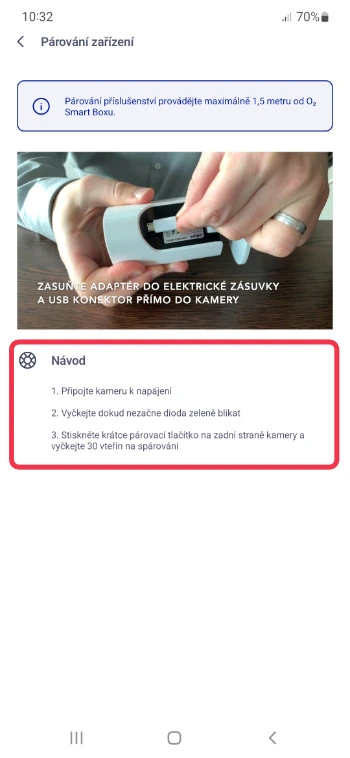 Návod k párování vnitřní kamery v aplikaci O2 Chytrá domácnost s instrukcemi pro připojení napájení a spuštění párování