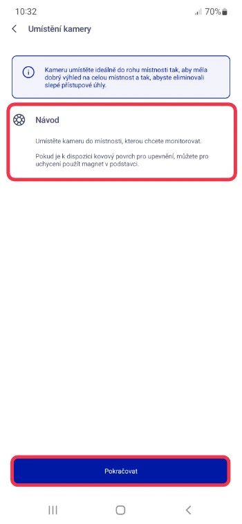 Návod k umístění vnitřní kamery v aplikaci O2 Chytrá domácnost s doporučením umístění v místnosti a tlačítkem Pokračovat