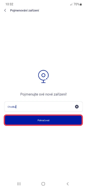 Pojmenování nového zařízení v aplikaci O2 Chytrá domácnost se zadaným názvem kamery Chodba a tlačítkem Pokračovat