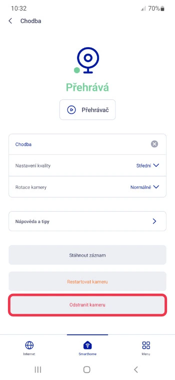 Detail kamery Chodba v aplikaci O2 Chytrá domácnost s nastavením kvality, rotace a možností odstranit kameru