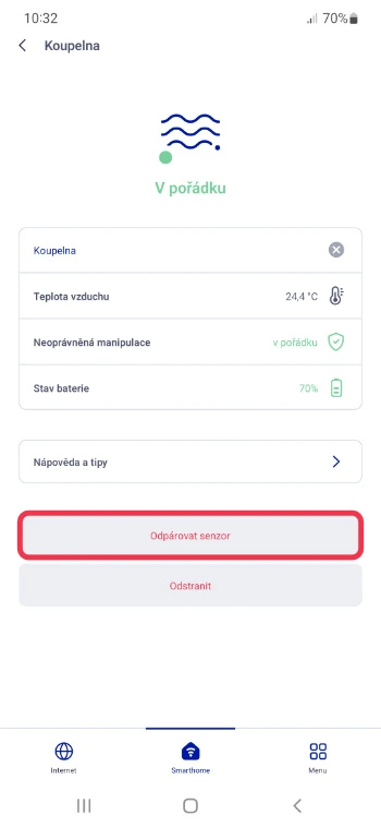 Detail senzoru Koupelna v aplikaci O2 Chytrá domácnost se stavem v pořádku, teplotou vzduchu a možností odpojit senzor