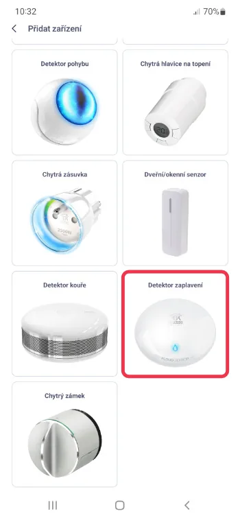 Výběr zařízení v aplikaci O2 Chytrá domácnost se zvýrazněným detektorem zaplavení