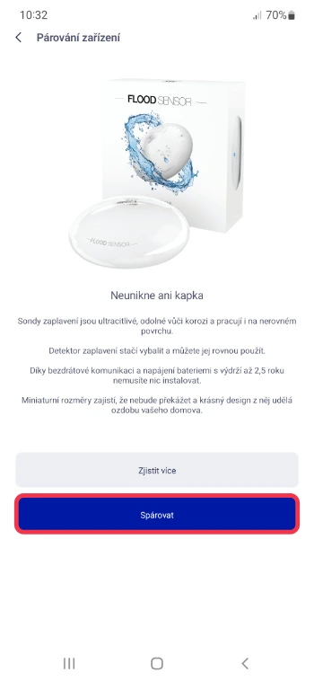 Obrazovka párování detektoru zaplavení v aplikaci O2 Chytrá domácnost s tlačítkem Spárovat.