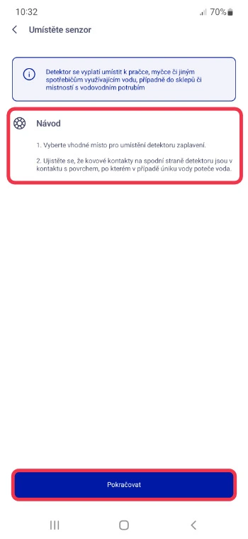 Návod k umístění detektoru zaplavení v aplikaci O2 Chytrá domácnost s doporučením správného místa a tlačítkem Pokračovat