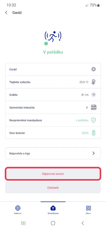 Detail senzoru Garáž v aplikaci O2 Chytrá domácnost se zobrazením teploty, světla, seismické intenzity a stavu baterie