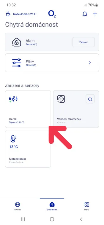 Přehled zařízení v aplikaci O2 Chytrá domácnost se senzorem Garáž