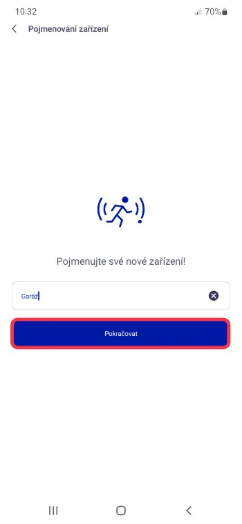 Pojmenování nového zařízení v aplikaci O2 Chytrá domácnost se zadaným názvem senzoru Garáž a tlačítkem Pokračovat