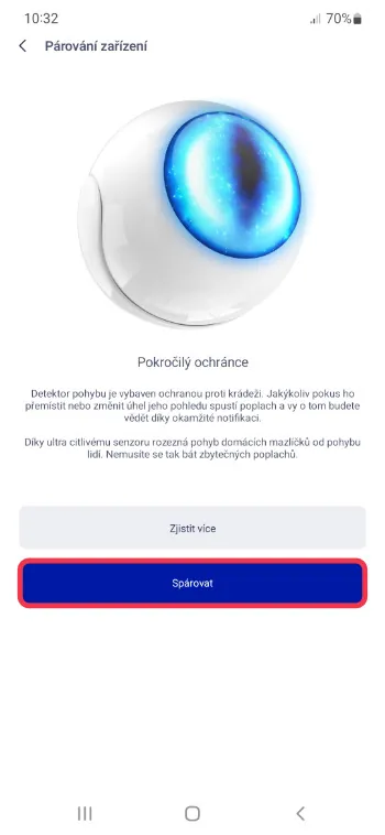 Obrazovka párování detektoru pohybu v aplikaci O2 Chytrá domácnost s tlačítkem Spárovat