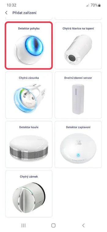 Výběr zařízení v aplikaci O2 Chytrá domácnost se zvýrazněným detektorem pohybu