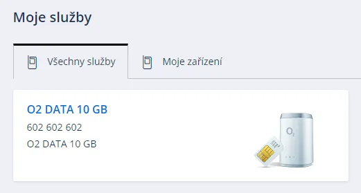 Přehled služby O2 DATA 10 GB v sekci Moje služby s uvedeným telefonním číslem a zařízením O2