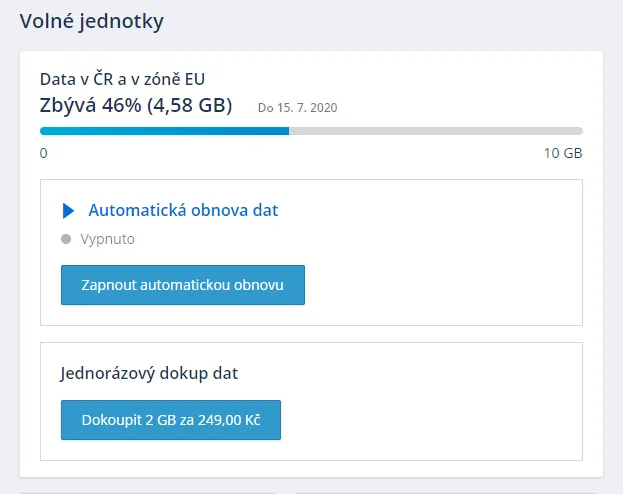 Přehled volných dat v ČR a EU se zobrazením zbývající kapacity, nastavením automatické obnovy a možností dokoupení dat