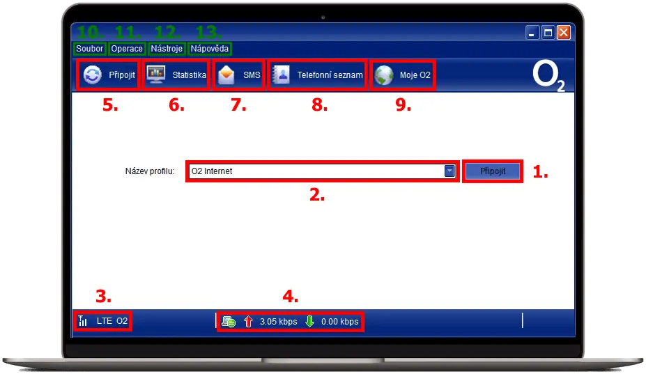 Uživatelské rozhraní aplikace O2 Internet pro připojení k síti s označenými ovládacími prvky, stavem LTE a přenosem dat