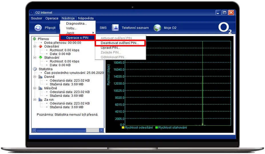 aplikace O2 Internet s otevřeným menu ‚Operace s PIN‘ a zvýrazněnou volbou ‚Deaktivovat ověření PIN