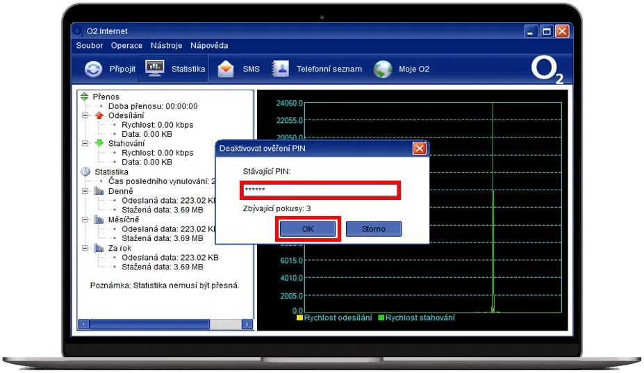 Dialogové okno aplikace O2 Internet pro deaktivaci ověření PIN se zadáním stávajícího PIN a tlačítkem OK.