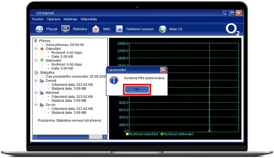 Upozornění v aplikaci O2 Internet s hláškou ‚Kontrola PIN zablokována‘ a tlačítkem OK.
