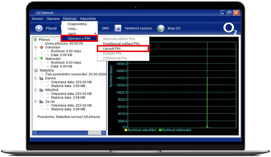 aplikace O2 Internet s otevřeným menu ‚Operace s PIN‘ a zvýrazněnou volbou ‚Upravit PIN‘