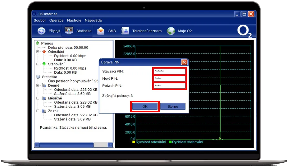 Dialogové okno ‚Úprava PIN‘ v aplikaci O2 Internet se zadáním stávajícího, nového a potvrzovacího PIN.
