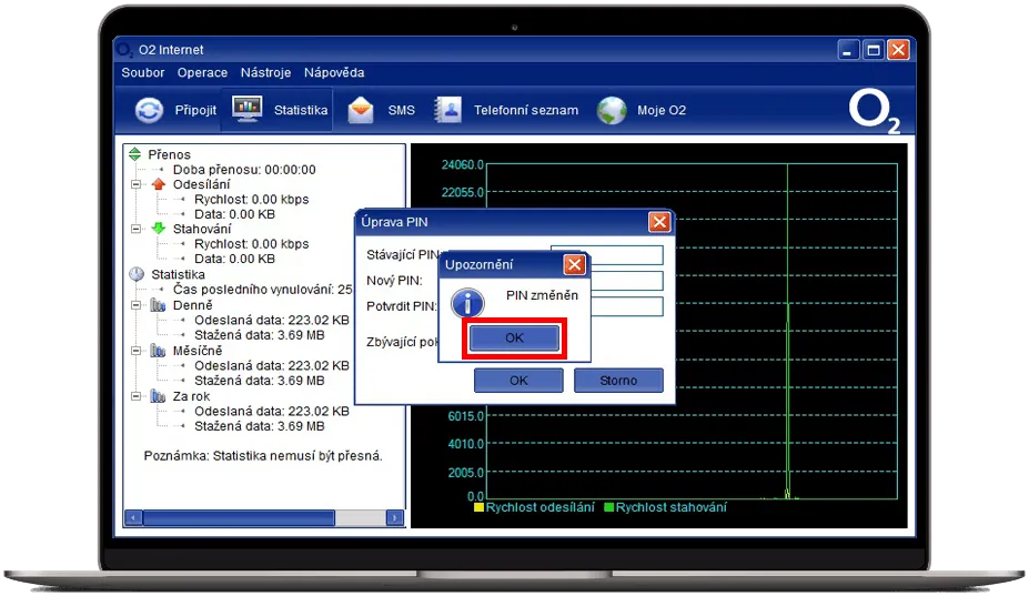 Upozornění v aplikaci O2 Internet potvrzující úspěšnou změnu PIN s hláškou ‚PIN změněn