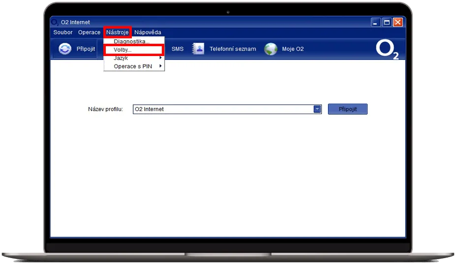 aplikace O2 Internet s otevřeným menu ‚Nástroje‘ a zvýrazněnou volbou ‚Volby