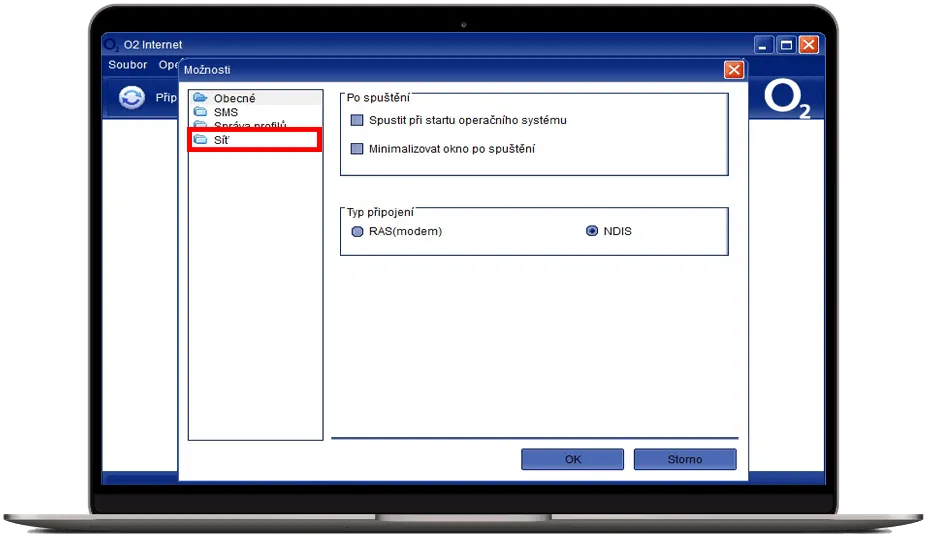 Okno ‚Možnosti‘ aplikace O2 Internet s otevřenou sekcí ‚Síť‘ a nastavením typu připojení.