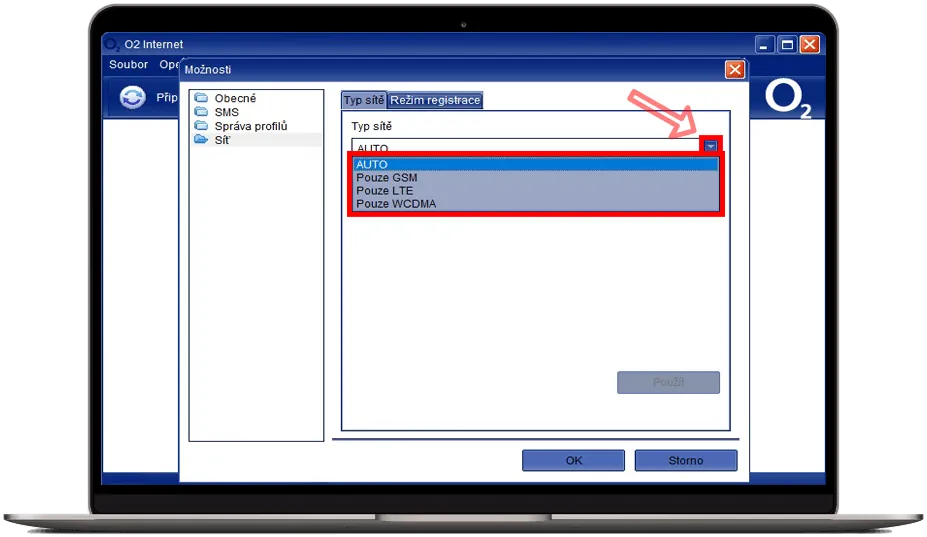 Nastavení typu sítě v aplikaci O2 Internet s rozbalenou nabídkou ‚Typ sítě‘ a zvolenou možností AUTO.