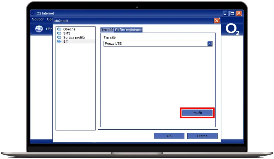 Nastavení typu sítě v aplikaci O2 Internet s vybranou možností ‚Pouze LTE‘ a tlačítkem ‚Použít‘