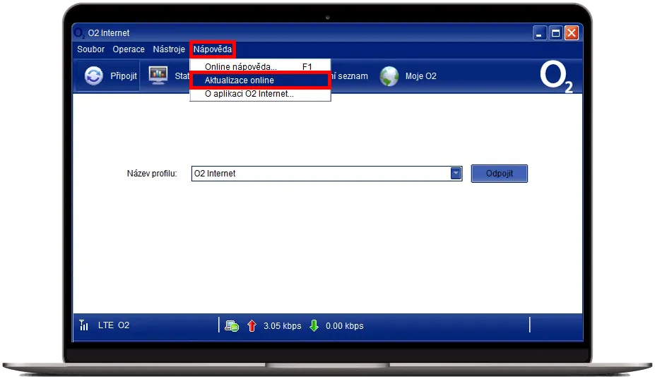 aplikace O2 Internet s otevřeným menu ‚Nápověda‘ a zvýrazněnou volbou ‚Aktualizace online