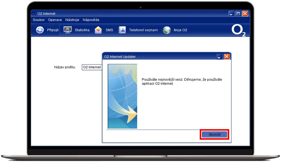 Okno O2 Internet Updater s informací, že je používána nejnovější verze aplikace, a tlačítkem ‚Skončit