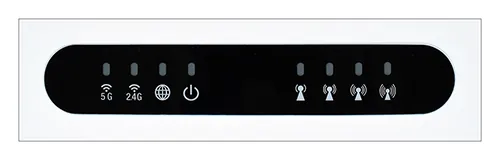 Přední panel routeru s ikonami stavu připojení, Wi‑Fi 2,4 GHz a 5 GHz, internetu a bezdrátového signálu.