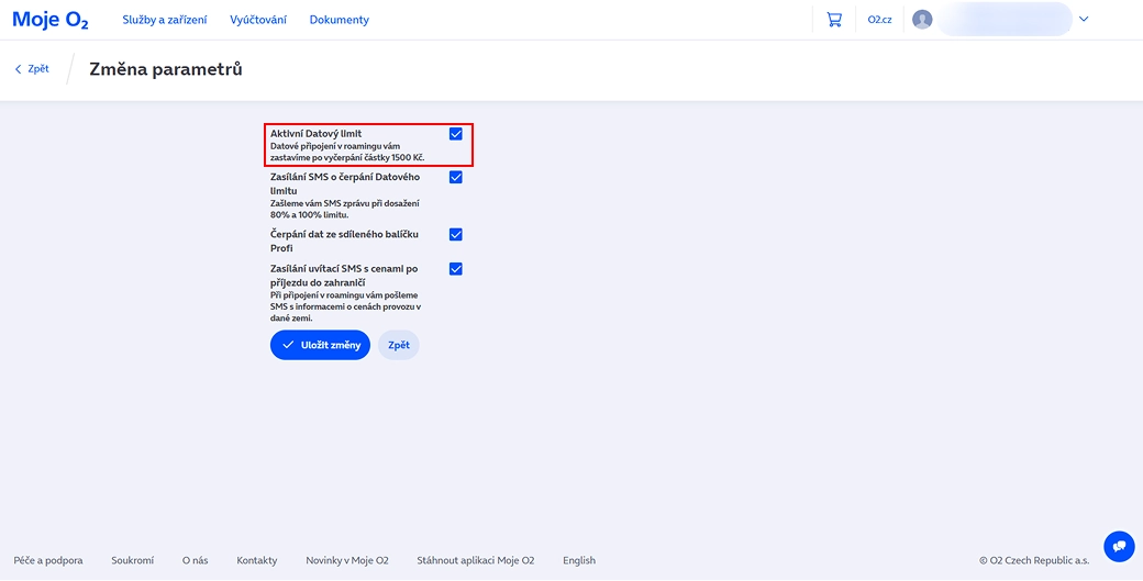 Zapínání a vypnutí datového limitu