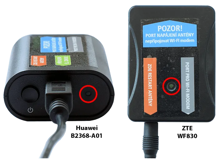 Napájecí adaptér k anténě s označeným tlačítkem restart a upozorněním, že port není určen pro Wi‑Fi modem.