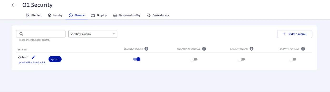 Rozhraní služby O2 Security v sekci Blokace s nastavením filtrů škodlivého obsahu pro výchozí skupinu.