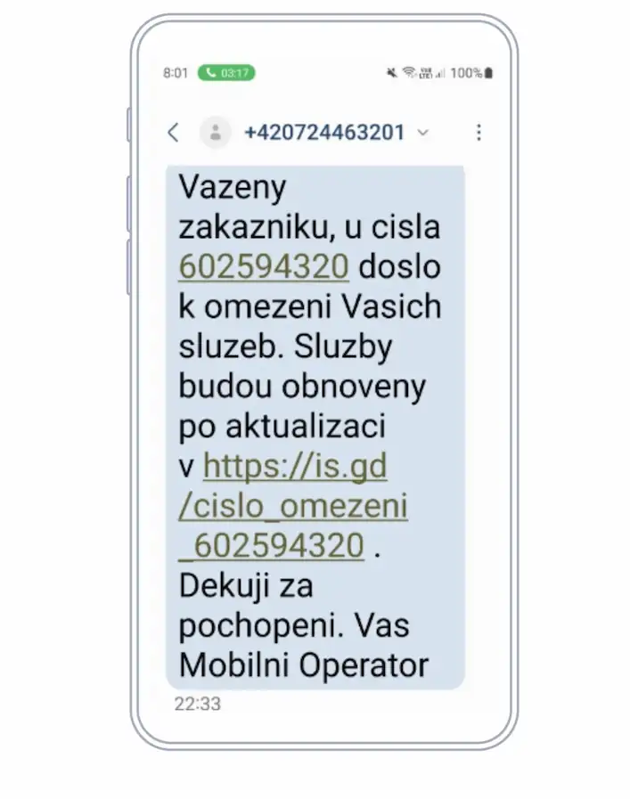 Reálný příklad podvodné SMS