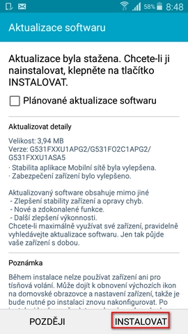 Nastavení instalace aktualizace