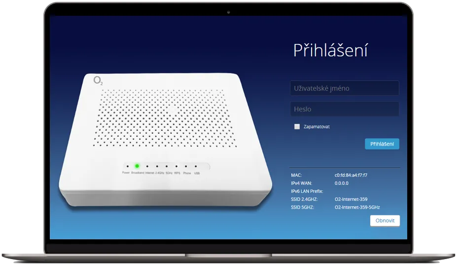 Přihlašovací obrazovka webové správy routeru O2 s formulářem pro uživatelské jméno a heslo.