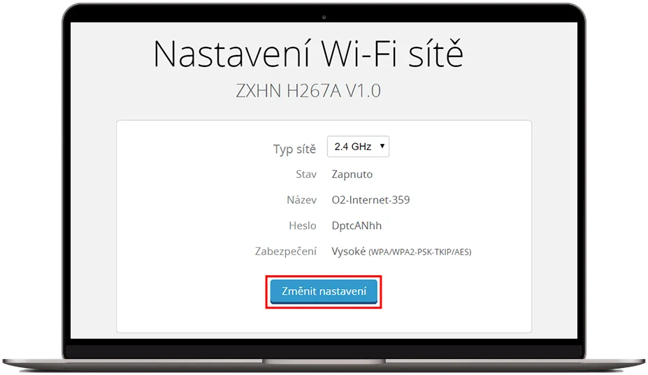 Stránka nastavení Wi‑Fi sítě v administraci routeru O2 s tlačítkem ‚Změnit nastavení‘.