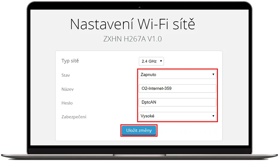 Formulář nastavení Wi‑Fi sítě v administraci routeru O2 s možností změny názvu, hesla a zabezpečení.