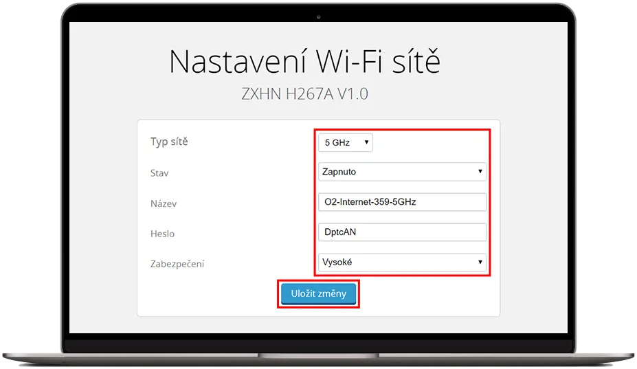 Formulář nastavení Wi‑Fi sítě 5 GHz v administraci routeru O2 s možností úpravy názvu, hesla a zabezpečení.