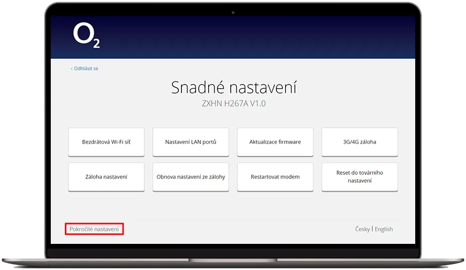 Stránka ‚Snadné nastavení‘ ve webové správě routeru O2 s odkazem na pokročilé nastavení.