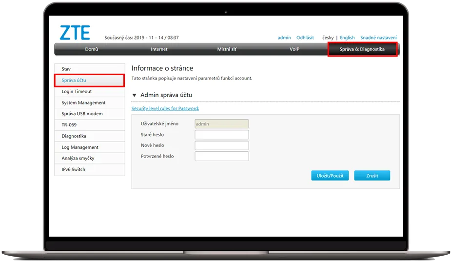 Administrace routeru ZTE v sekci Správa a diagnostika se zobrazeným nastavením správy účtu.