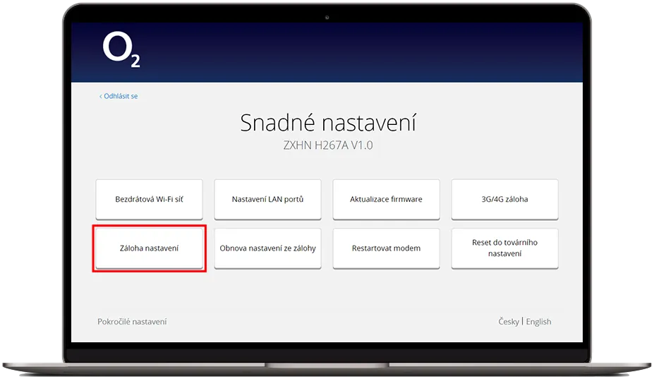 Rozhraní webové správy routeru O2 se stránkou ‚Snadné nastavení‘ a zvýrazněnou volbou ‚Záloha nastavení‘.