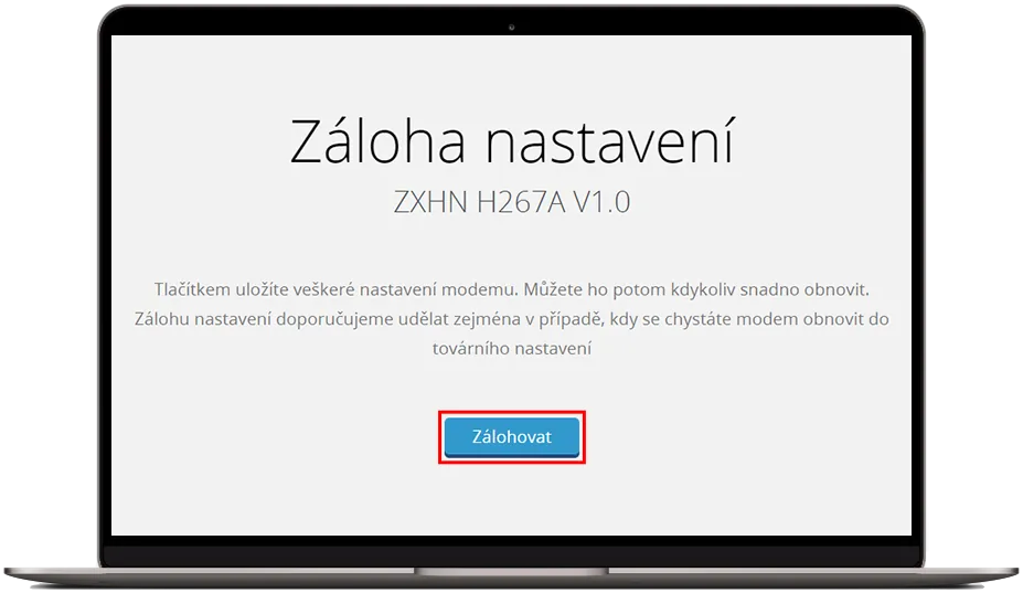 Stránka ‚Záloha nastavení‘ ve webové správě routeru O2 s tlačítkem ‚Zálohovat‘