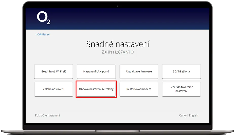 Rozhraní webové správy routeru O2 se stránkou ‚Snadné nastavení‘ a zvýrazněnou volbou ‚Obnova nastavení ze zálohy‘.